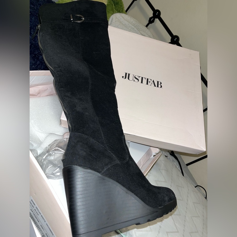 Black knee high wedge boots from JustFab